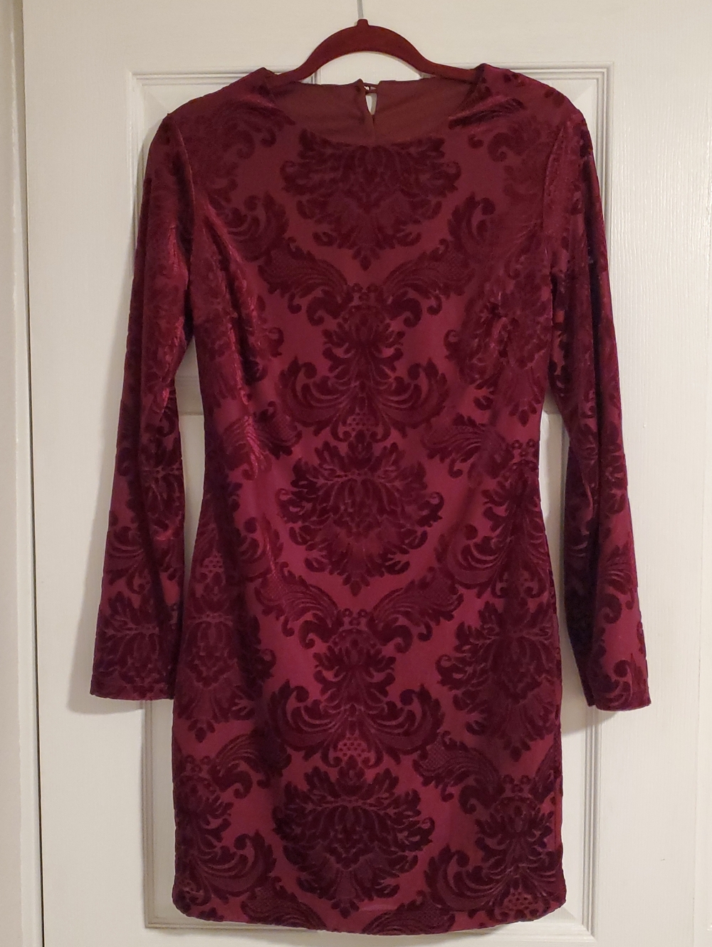 B Darlin Burgundy Velvet Burnout Long Sleeve Cocktail Dress